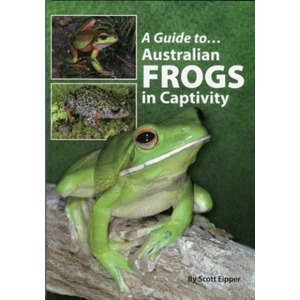 Bright green frog perched on a log with inset frog photos; title reads “A Guide to Australian Frogs in Captivity.”