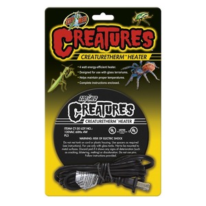 Zoo Med Creatures CreatureTherm Heater packaging with a black circular heater and coiled cord.