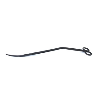 Long black curved tweezer-style forceps with ring handles on a white background.
