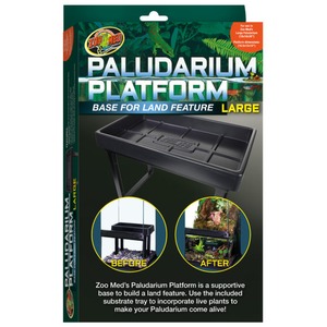 Zoo Med Paludarium Platform Large: black elevated substrate tray for land features, with before/after plant setup photos.
