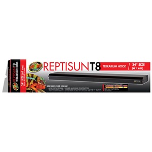 Reptisun T8 terrarium hood packaging with red/black design, 24" (61 cm) size, lizard graphic, Zoo Med logo.