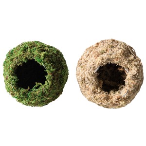 Two hollow moss-covered spheres with openings, one green and one brown, wired rims.