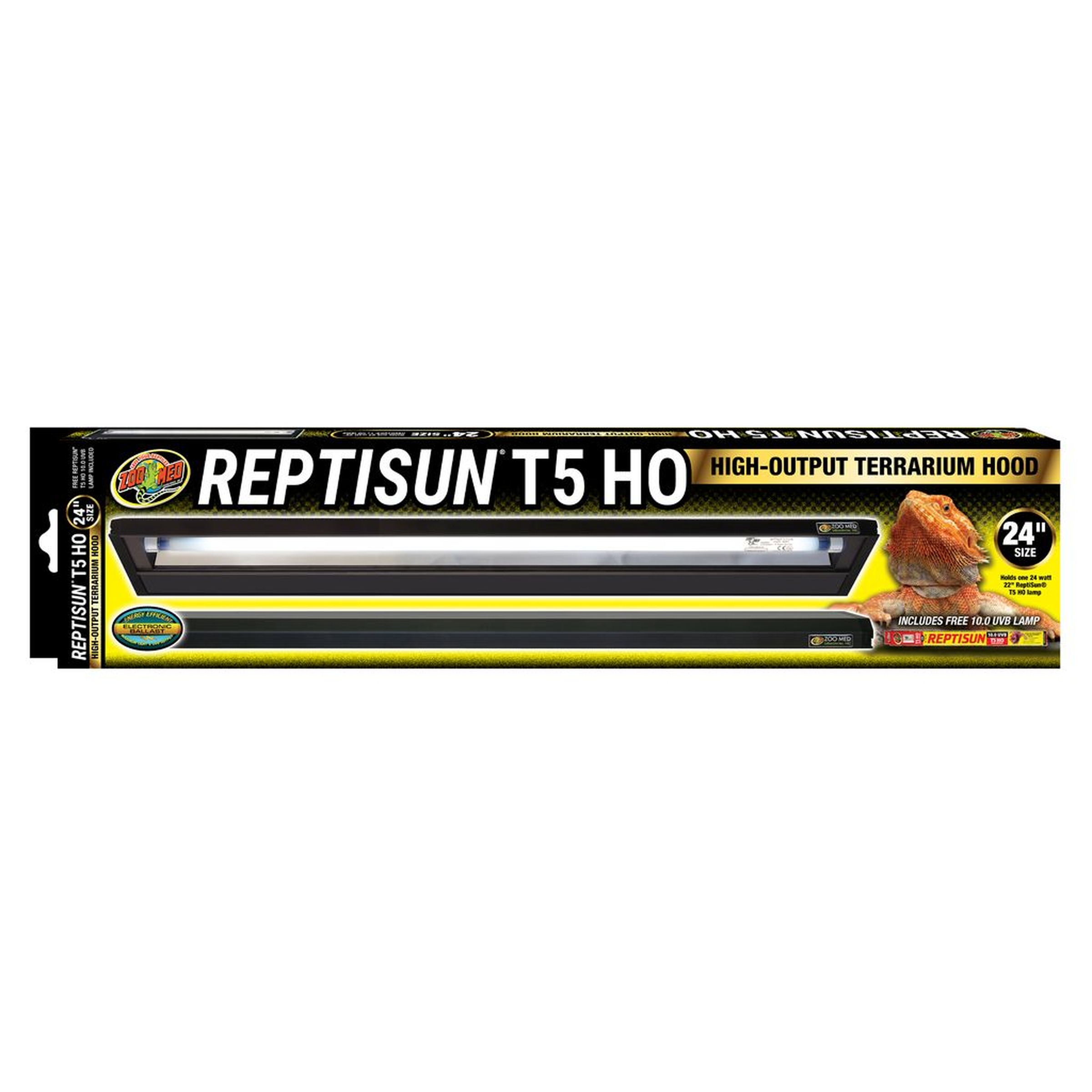 Reptisun T5 HO High-Output Terrarium Hood 24\" lamp on black-yellow box with bearded dragon.