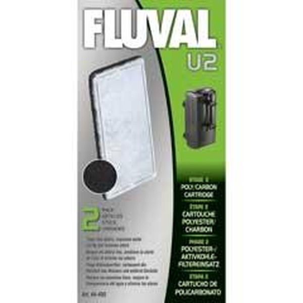 Fluval U2 internal aquarium filter packaging with cartridge and media illustration.