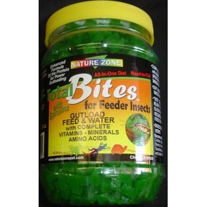 Green jar with yellow lid labeled "Total Bites for Feeder Insects" by Nature Zone; contains green segments.