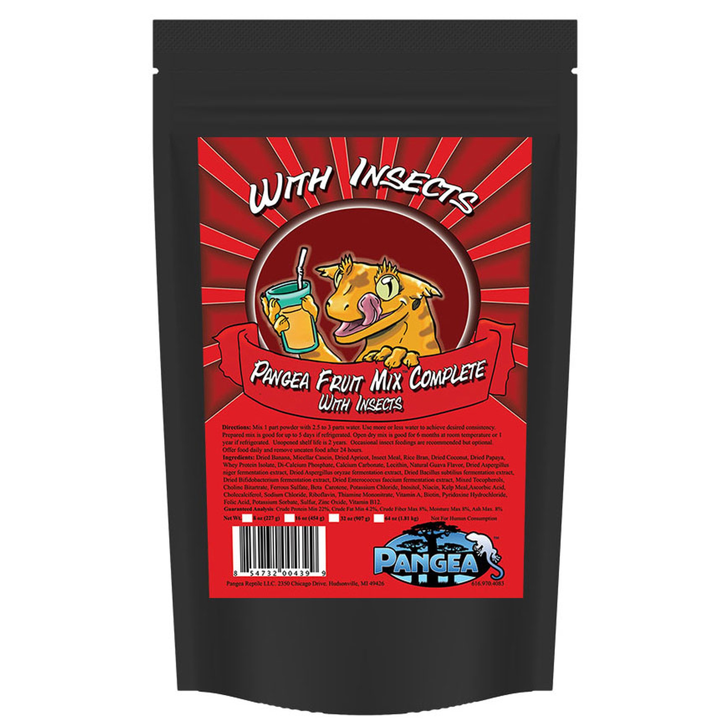Black resealable bag with a red label showing a cartoon lizard drinking from a cup, reading “With Insects” and “Pangea Fruit Mix Complete.”