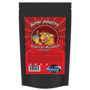 Black resealable bag with a red label showing a cartoon lizard drinking from a cup, reading “With Insects” and “Pangea Fruit Mix Complete.”