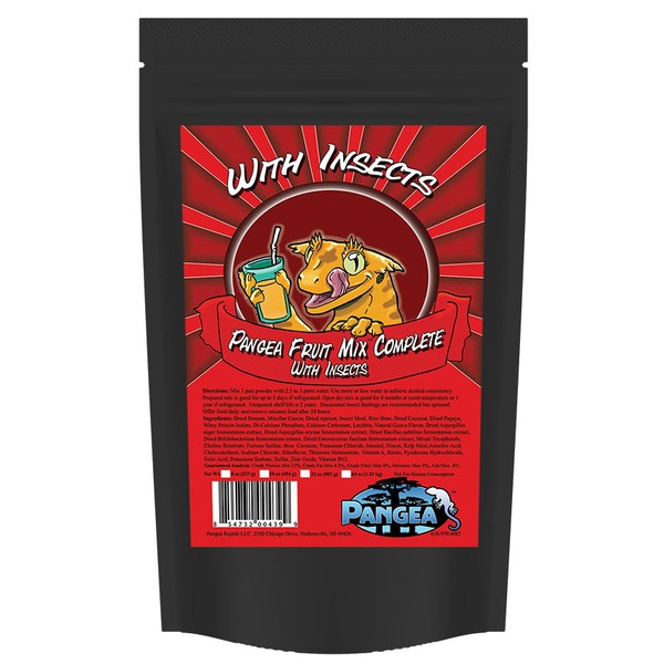 Black resealable bag with a red label showing a cartoon lizard drinking from a cup, reading “With Insects” and “Pangea Fruit Mix Complete.”