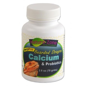 White bottle labeled Nature Zone Bearded Dragon Calcium & Probiotics with a bearded dragon image on the front (2.8 oz / 78 g).
