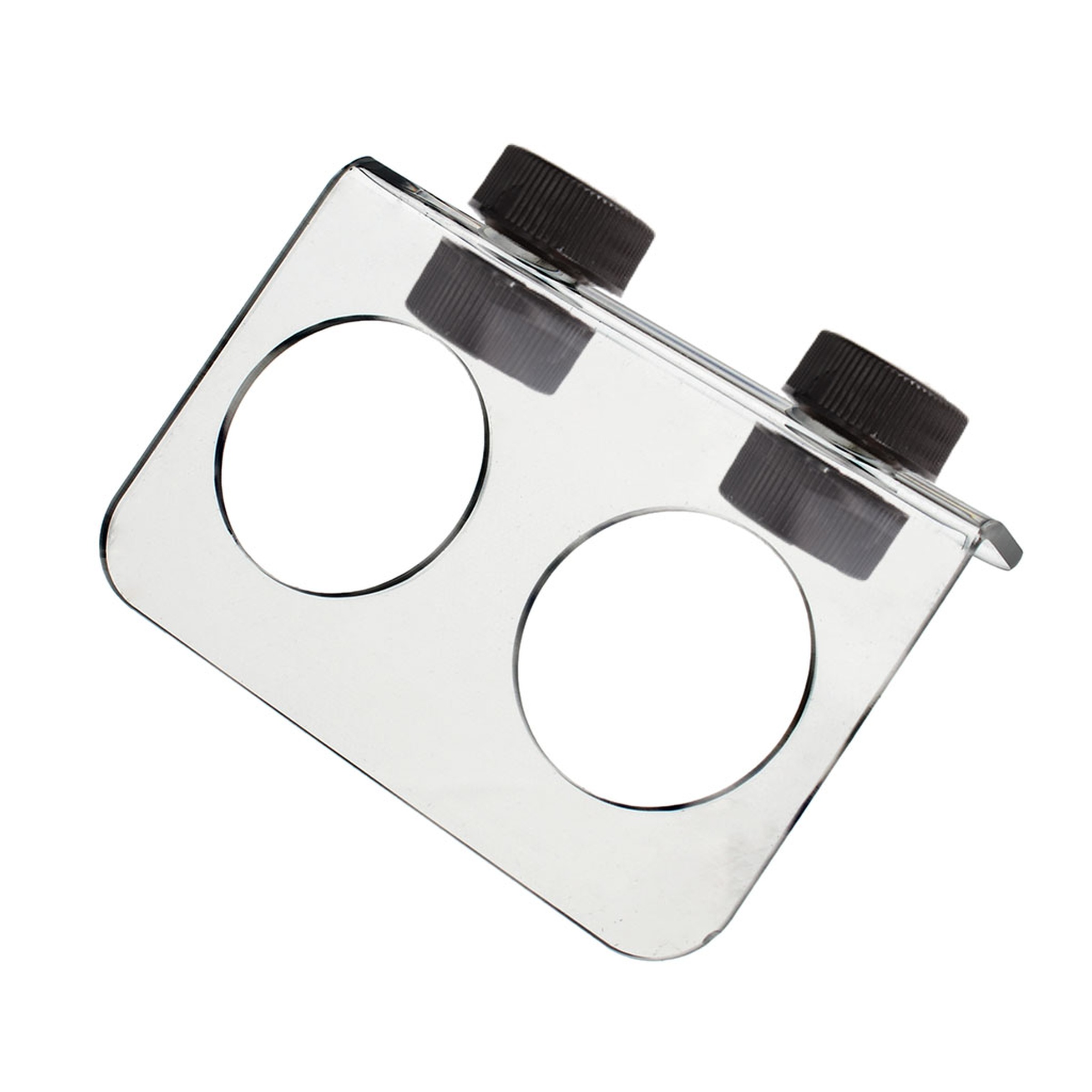 Shiny metal double-well slide holder with two circular openings and black knurled caps.