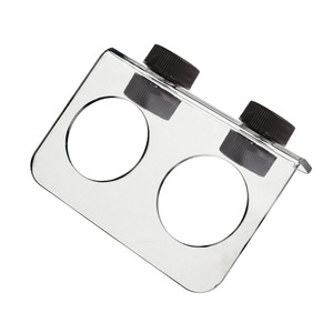 Shiny metal double-well slide holder with two circular openings and black knurled caps.