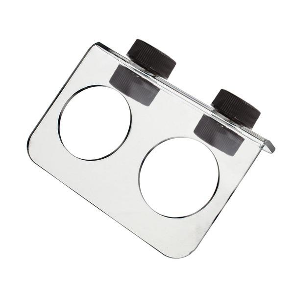 Shiny metal double-well slide holder with two circular openings and black knurled caps.