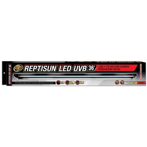 Zoo Med ReptiSun LED UVB 36" terrarium hood with LED light strip and control icons.