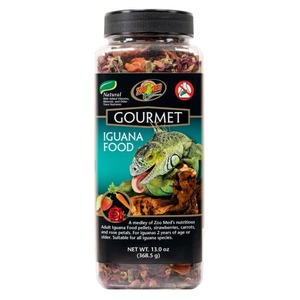 Clear jar labeled Gourmet Iguana Food with a green iguana on the label; shows berries and herbs; net weight 13 oz.