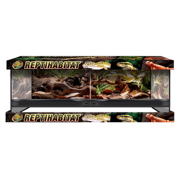 Large glass reptile habitat with jungle backdrop, driftwood and leaves; REPTIHABITAT banners featuring lizards and snakes.