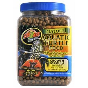 Jar of natural aquatic turtle food pellets with vitamins and growth formula.