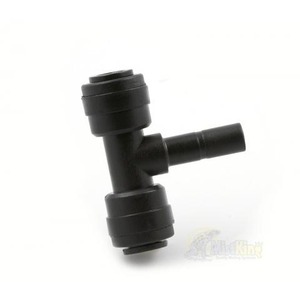 Black plastic T-shaped hose connector with three barbed ends.