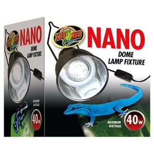 NANO Dome Lamp Fixture packaging with a round flood light, Zoomed logo, 40W, and a blue lizard graphic.