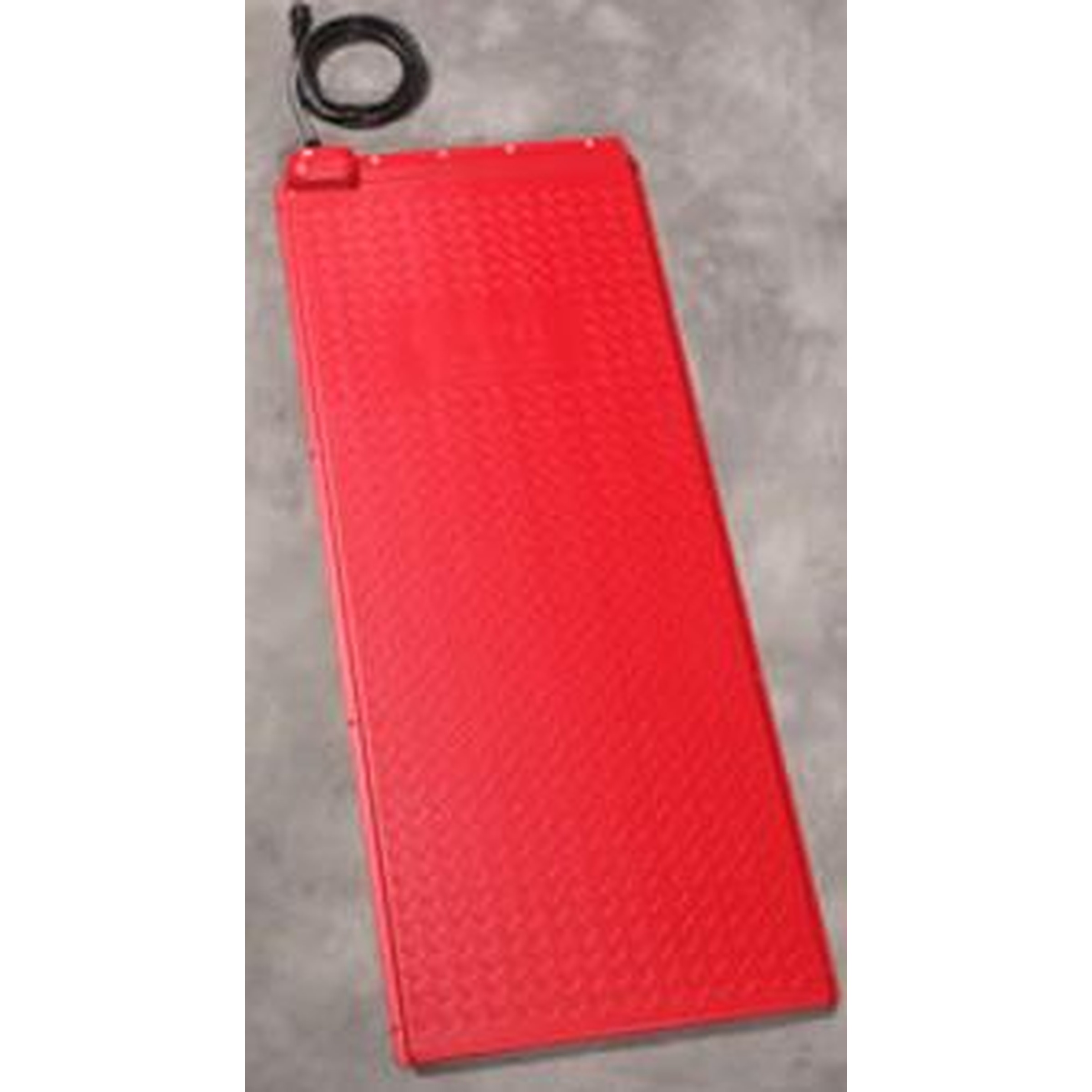 Red rectangular battery pack with a dotted texture on a gray surface, with a coiled black cable at the top left.