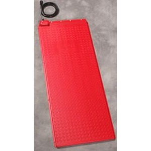 Red rectangular battery pack with a dotted texture on a gray surface, with a coiled black cable at the top left.