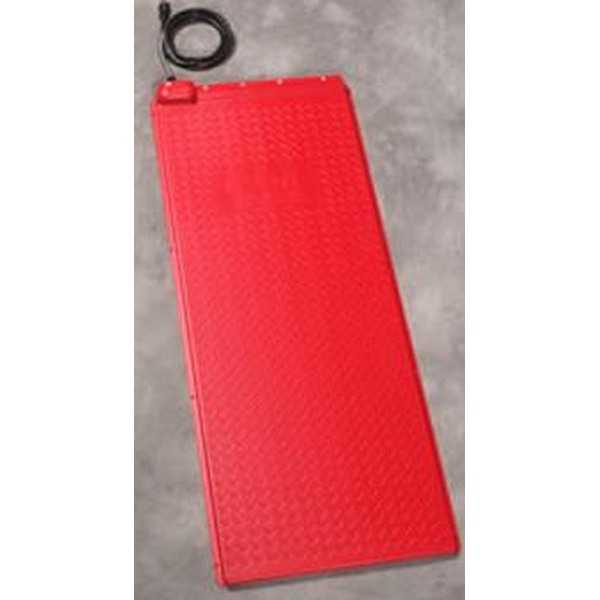 Red rectangular battery pack with a dotted texture on a gray surface, with a coiled black cable at the top left.