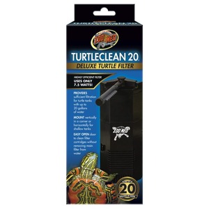 Zoo Med TurtleClean 20 Deluxe Turtle Filter box featuring a black filter unit, logo, and turtle graphics.