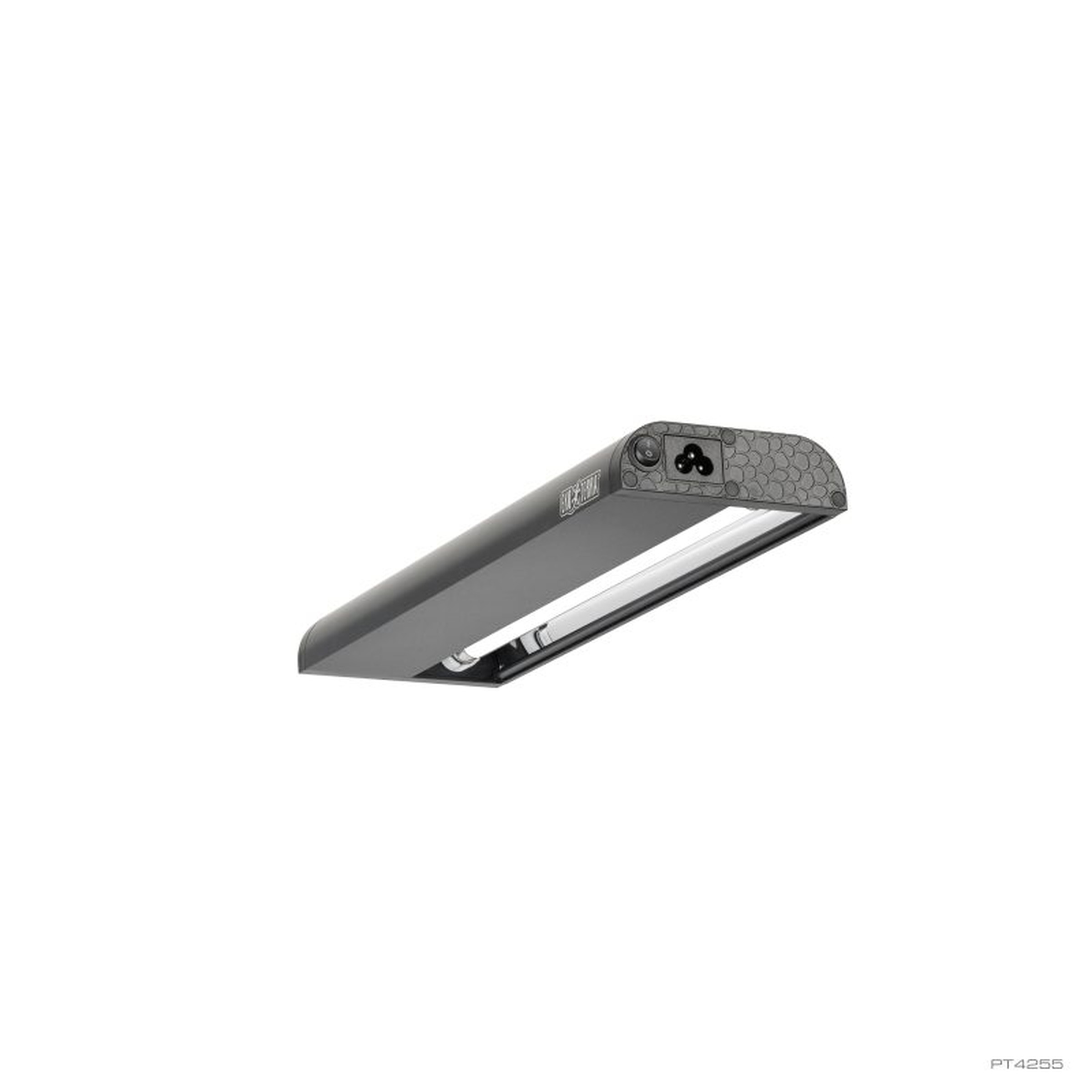 Modern black LED street light with metal housing and honeycomb-pattern end cap, angled view.