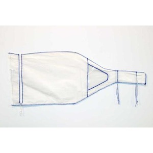 Blue sketch of a bottle lying horizontally with a narrow neck and a three-legged stand