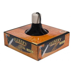 Infrared heat lamp with beige socket sits on an orange Fluker’s box.