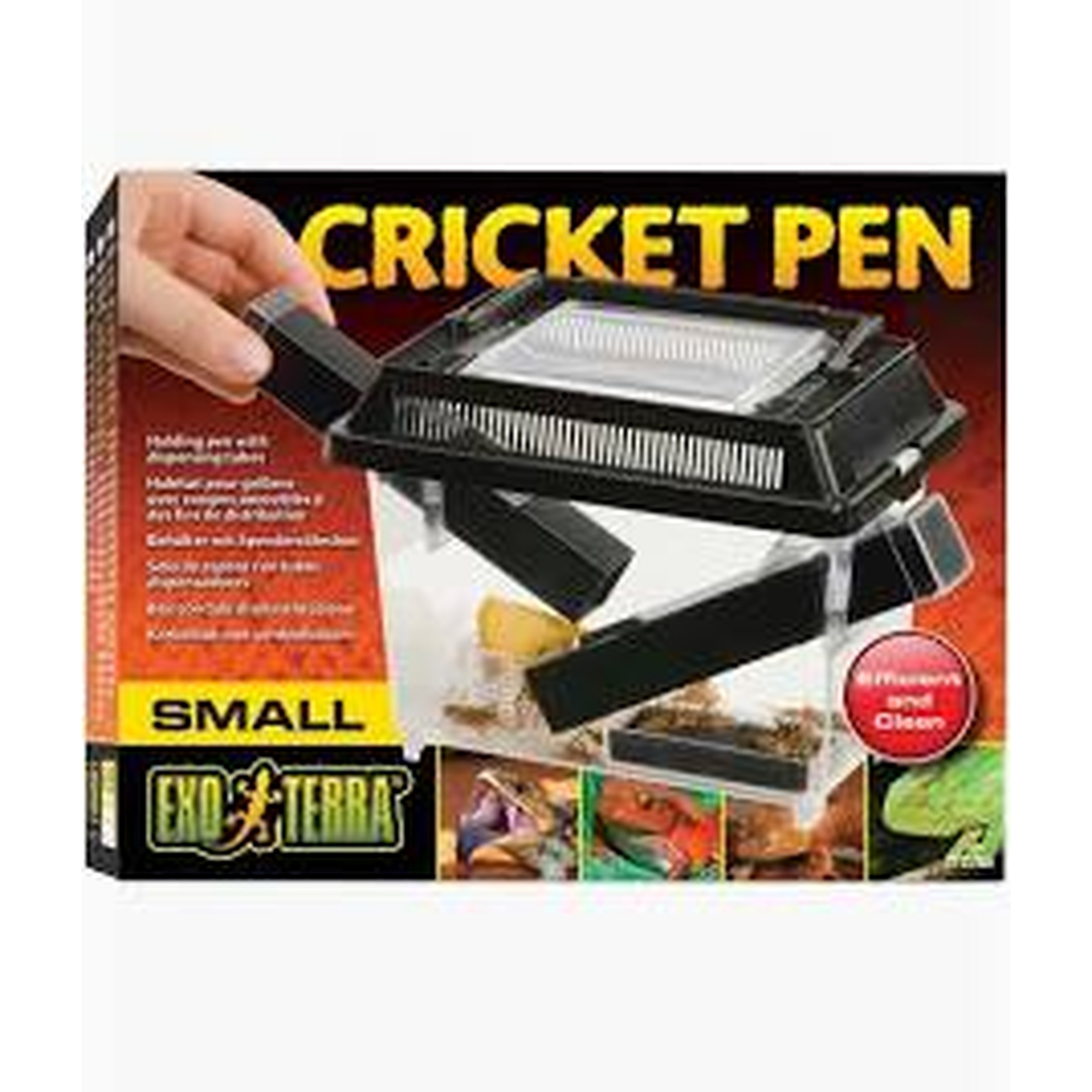Cricket Pen product box showing a hand using a tool on a small cricket-keeping enclosure.