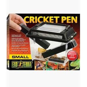 Cricket Pen product box showing a hand using a tool on a small cricket-keeping enclosure.