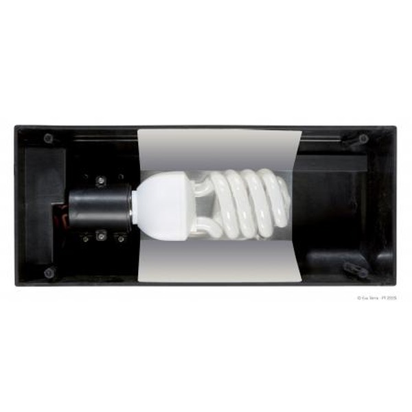 Compact fluorescent light bulb installed in a black rectangular fixture with a white paper strip across it.