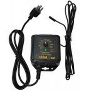 Compact black power supply with two attached cords, plug, and front panel featuring a dial and indicator lights.