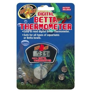 Blue Zoo Med Digital Betta Thermometer packaging with a digital display and tropical fish background.