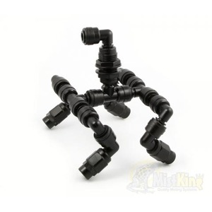 Black modular piping elbows connected into a squat tripod-like figure with segmented joints.