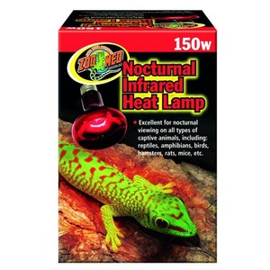 Nocturnal infrared heat lamp packaging with a green gecko on a rock and a red bulb.