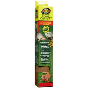Bright green Eco Carpet packaging for reptile terrarium carpet, with turtle and lizard images and recycled plastic bottle notes.