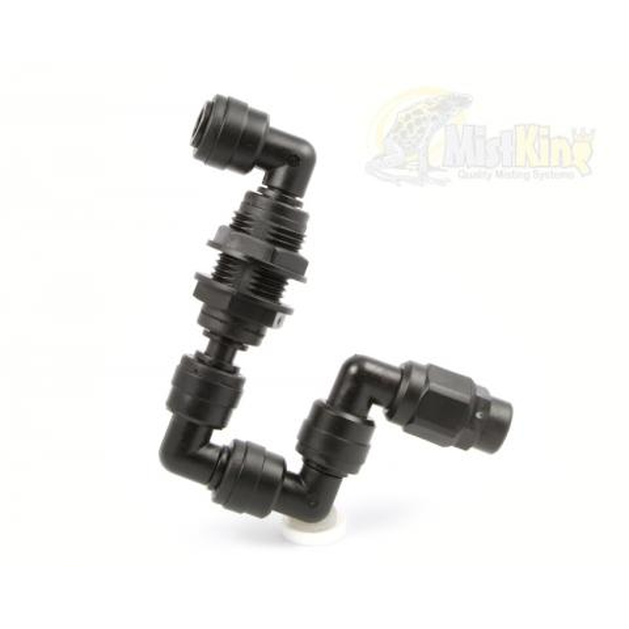 Black plastic piping elbow fitting with multiple 90-degree joints and threaded connections.