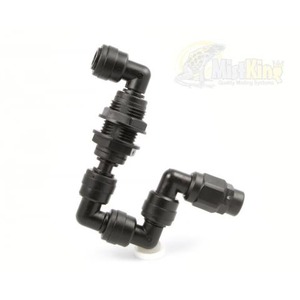 Black plastic piping elbow fitting with multiple 90-degree joints and threaded connections.