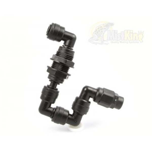 Black plastic piping elbow fitting with multiple 90-degree joints and threaded connections.