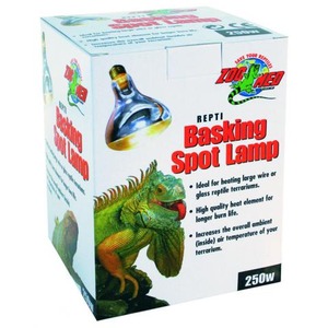 Zoo Med Repti Baking Spot Lamp 250W box with a green dinosaur and a heating bulb.