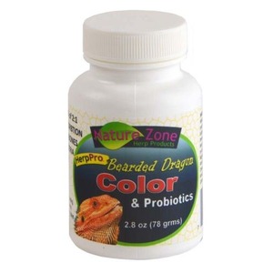 White bottle labeled Nature Zone Bearded Dragon Color & Probiotics with a bearded dragon photo on the label.