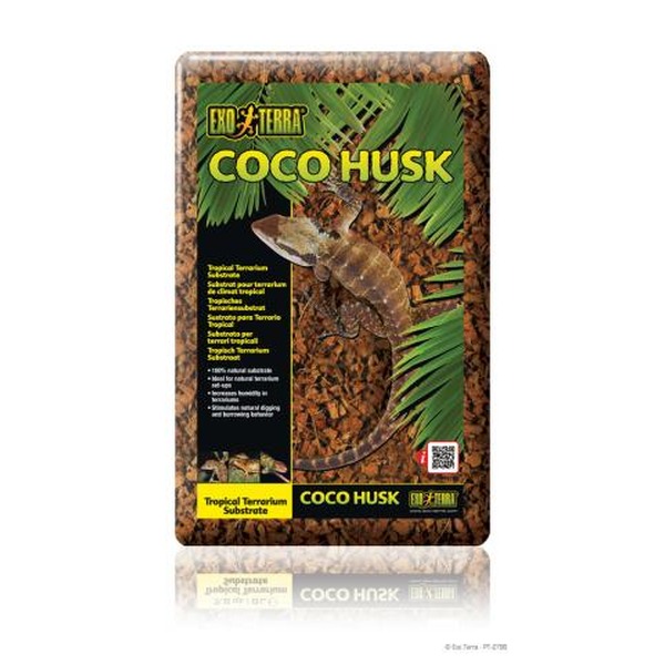 Exo Terra Coco Husk tropical reptile substrate packaging featuring a lizard and green palm leaves