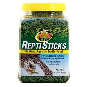 Jar of ReptiSticks floating turtle food with yellow lid and turtle illustration.