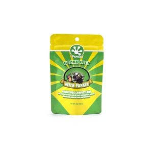 Green and yellow pouch of Pangea Gecko Diet with papaya, featuring a cartoon gecko logo.