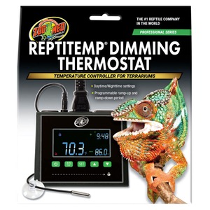 Thermostat controller for terrariums with a digital display showing 70.3°F, beside a colorful lizard.