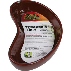 Brown curved terrarium dish with Zilla label reading Terrarium Dish Medium.