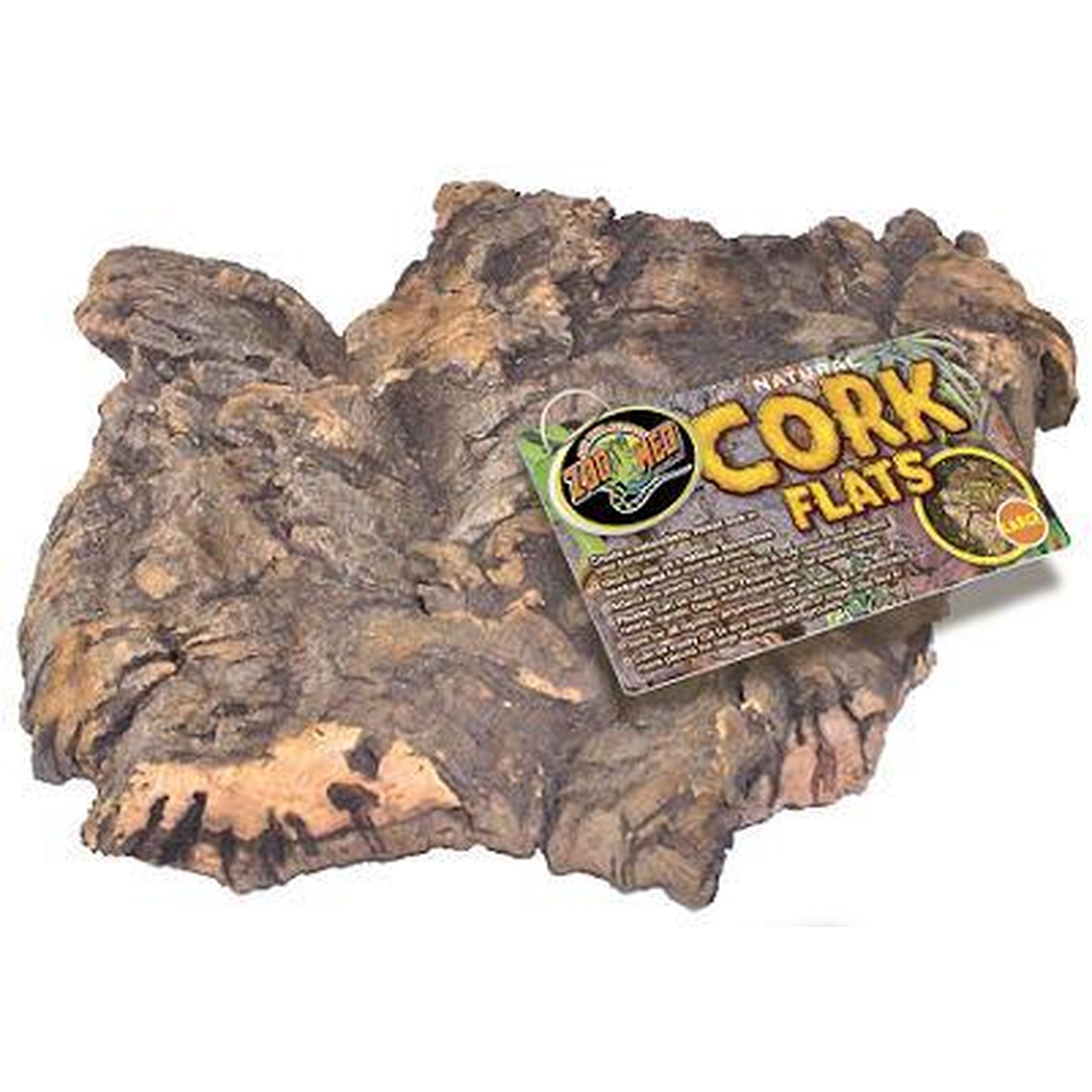 Large cork bark slab with a label reading Cork Flats, used as reptile terrarium decor.