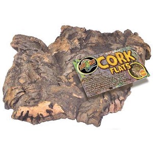 Large cork bark slab with a label reading Cork Flats, used as reptile terrarium decor.