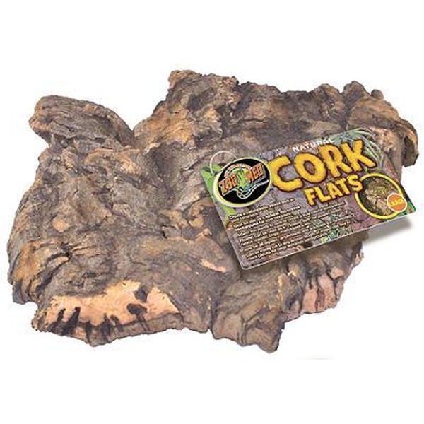 Large cork bark slab with a label reading Cork Flats, used as reptile terrarium decor.